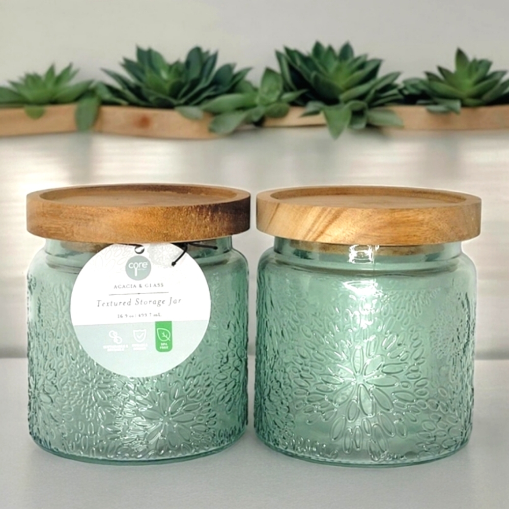 🆕️ SET OF 2 Green Textured Glass Storage Jars With Acacia Wood Lids